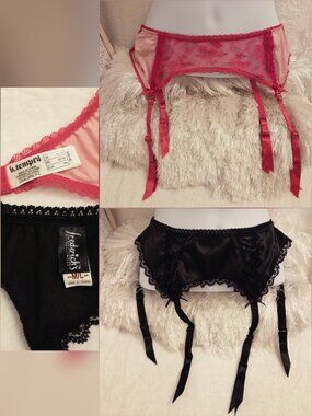 Frederick’s & b.tempt’d Satin Lace Garter Lingerie Bundle Black & Pink Rose, M/L